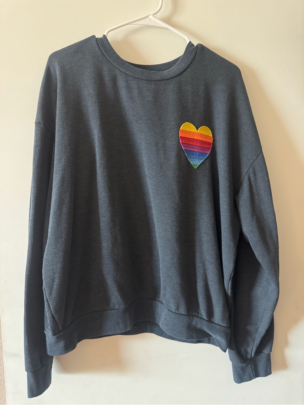 Aviator Nation Women’s Dark Gray Sweatshirt with Rainbow Heart Patch- medium